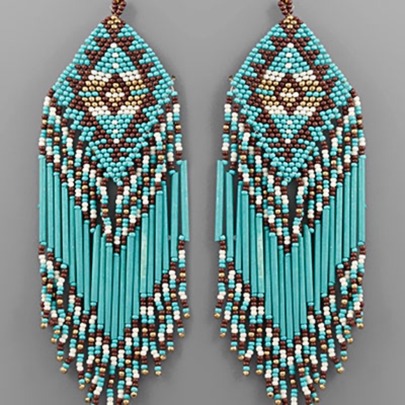 Rhombus Seed Bead Tassel Earrings - Picture 1 of 1